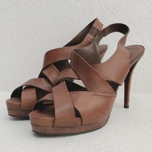 Zara Women Leather Wooden Heal Platform Strappy Sandal Shoes Brown Size 41/US 10